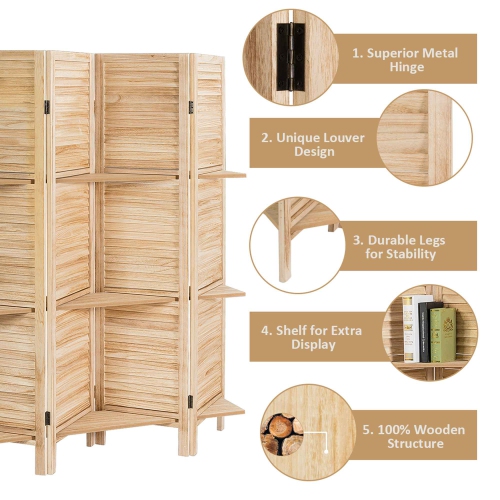 Costway 4 Panel Folding Room Divider Screen W/3 Display Shelves 5.6 Ft Tall