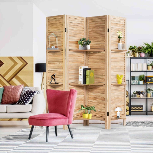 Costway 4 Panel Folding Room Divider Screen W/3 Display Shelves 5.6 Ft Tall