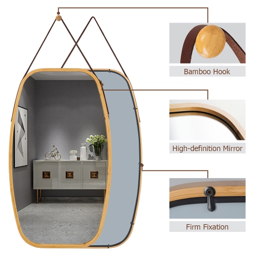 Costway 30'' Modern Rectangle Wall Hanging Framed Mirror w/ Faux Leather Strap Bathroom