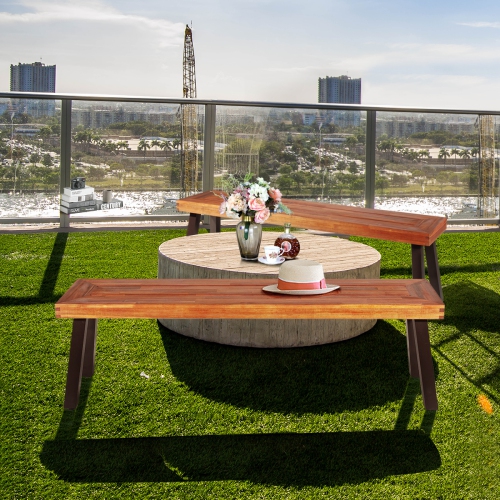 Costway Set of 2 Patio Acacia Wood Dining Bench with Rustic Steel Legs Outdoor Indoor