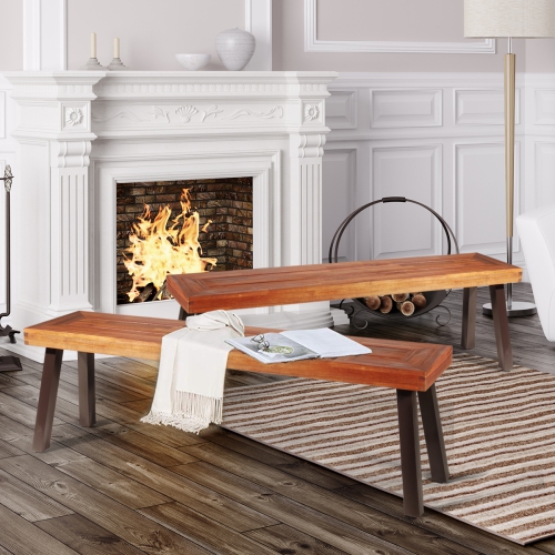 Costway Set of 2 Patio Acacia Wood Dining Bench with Rustic Steel Legs Outdoor Indoor