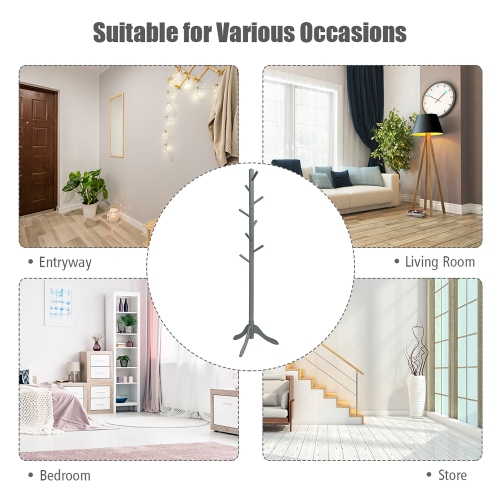 Costway Wooden Coat Rack Stand Entryway Hall Tree 2 Adjustable Height w/ 8 Hooks