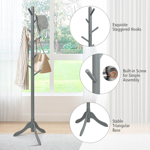 Costway Wooden Coat Rack Stand Entryway Hall Tree 2 Adjustable Height w/ 8 Hooks