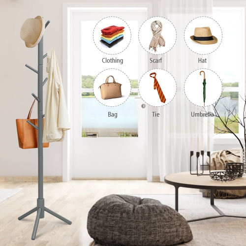 Costway Wooden Coat Rack Stand Hall Tree Entryway Organizer 2 Heights w/ 8 Hooks