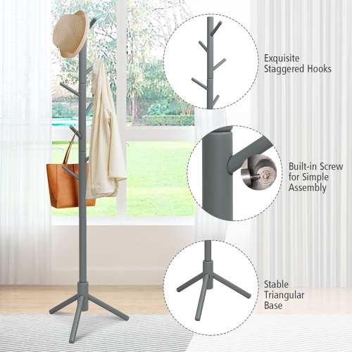 Costway Wooden Coat Rack Stand Hall Tree Entryway Organizer 2 Heights w/ 8 Hooks