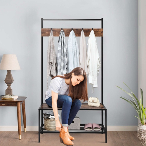 Costway 3 in 1 Industrial Coat Rack Shoe Bench Entryway Hall Tree Storage Shelf w/ Hooks