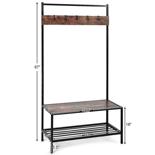 Costway 3 in 1 Industrial Coat Rack Shoe Bench Entryway Hall Tree Storage Shelf w/ Hooks