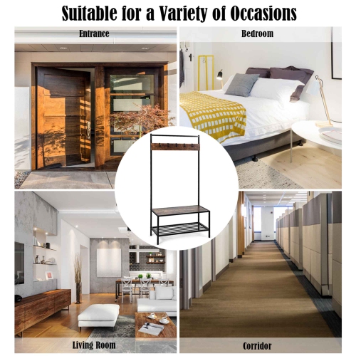Costway 3 in 1 Industrial Coat Rack Shoe Bench Entryway Hall Tree Storage Shelf w/ Hooks