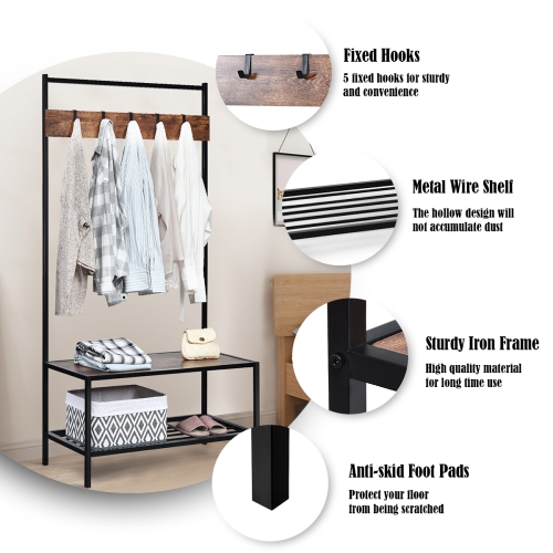 Costway 3 in 1 Industrial Coat Rack Shoe Bench Entryway Hall Tree Storage Shelf w/ Hooks