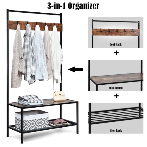 Costway 3 in 1 Industrial Coat Rack Shoe Bench Entryway Hall Tree Storage Shelf w/ Hooks