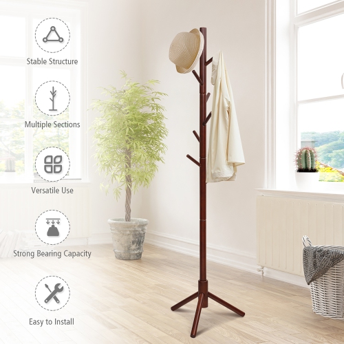 Costway Wooden Coat Rack Stand Hall Tree Entryway Organizer 2 Heights w/ 8 Hooks