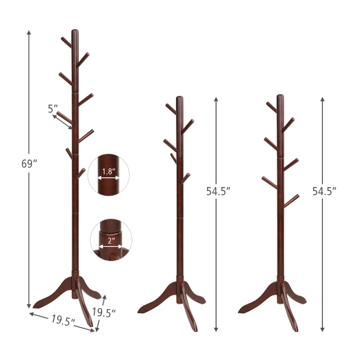 Costway Wooden Coat Rack Stand Entryway Hall Tree 2 Adjustable Height w/ 8 Hooks