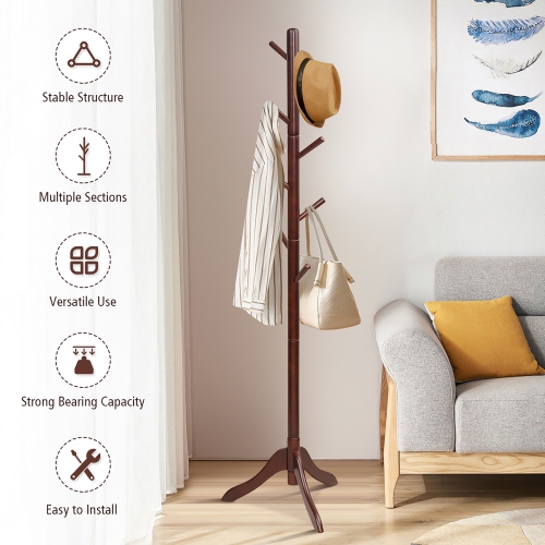 Costway Wooden Coat Rack Stand Entryway Hall Tree 2 Adjustable Height w/ 8 Hooks