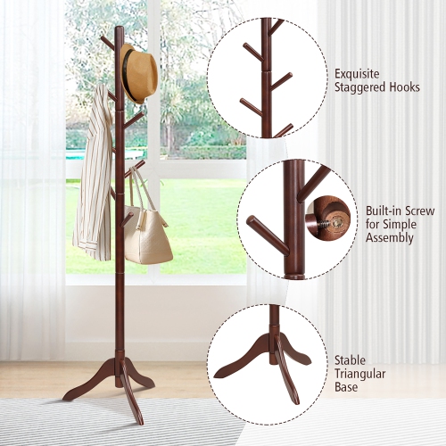 Costway Wooden Coat Rack Stand Entryway Hall Tree 2 Adjustable Height w/ 8 Hooks