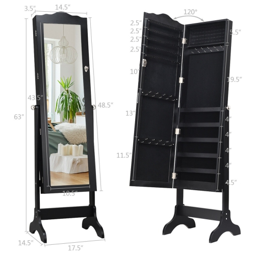 Costway Lockable Mirrored Jewelry Cabinet Armoire Mirror Organizer Storage Box w/ Stand