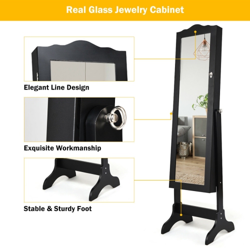 Costway Lockable Mirrored Jewelry Cabinet Armoire Mirror Organizer Storage Box w/ Stand