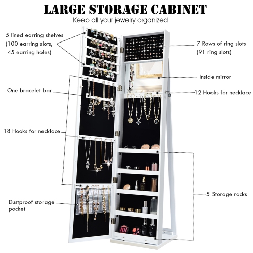 Armoire de bijoux en miroir Organisateur de rangement debout verrouillable avec étagère