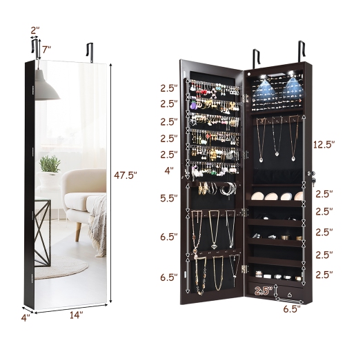 Costway Mirrored Wall Jewelry Cabinet W/ Lights&Drawer