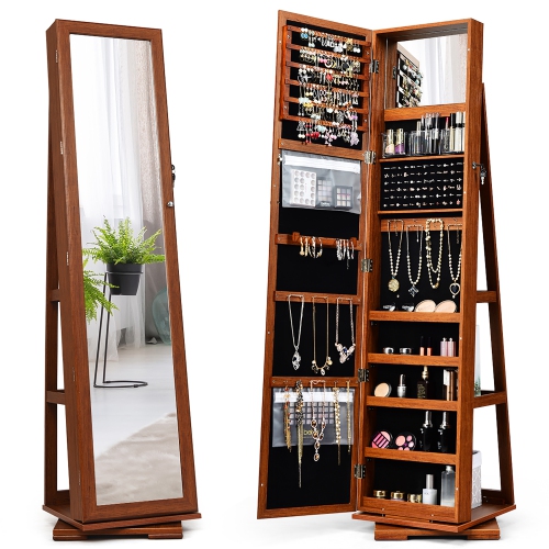 COSTWAY  360Degree Rotatable Jewelry Cabinet 2-In-1 Lockable Mirrored Organizer