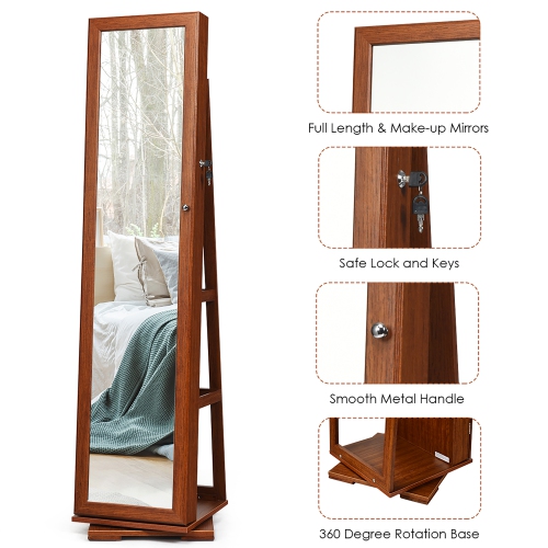 Costway 360degree Rotatable Jewelry Cabinet 2-in-1 Lockable Mirrored Organizer