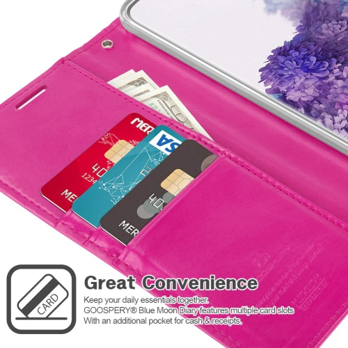 TopSave Goospery BLUEMOON Card Slot With Magnetic Clip Leather Folio Wallet Flip Case For Samsung Note20, Hot Pink