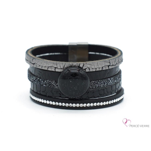 Unique bracelet for woman with glass jewel and leather / stainless steel from Percé-Verre