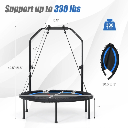 Costway 40'' Foldable Trampoline Fitness Rebounder w/Resistance Bands Adjustable Home