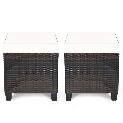 Costway 2PCS Patio Rattan Ottoman Cushioned Seat Coffee Table Furniture Beige