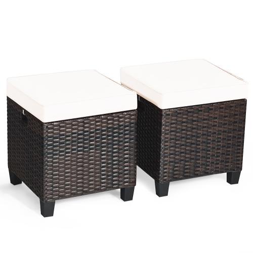 Costway 2PCS Patio Rattan Ottoman Cushioned Seat Coffee Table Furniture Beige
