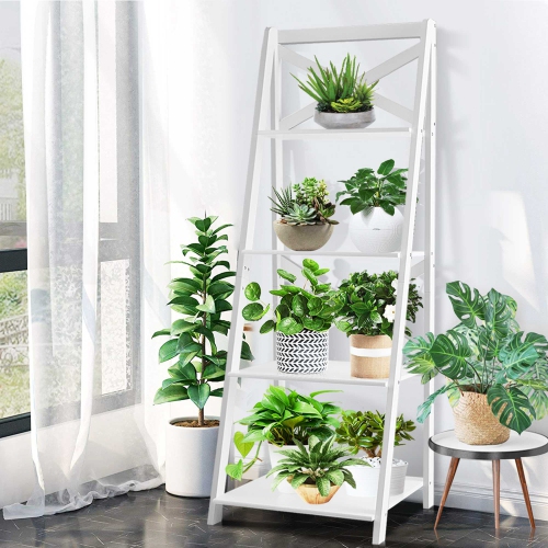 Costway 4-Tier Ladder Shelf Bookshelf Bookcase Storage Display Plant Leaning Shelf White