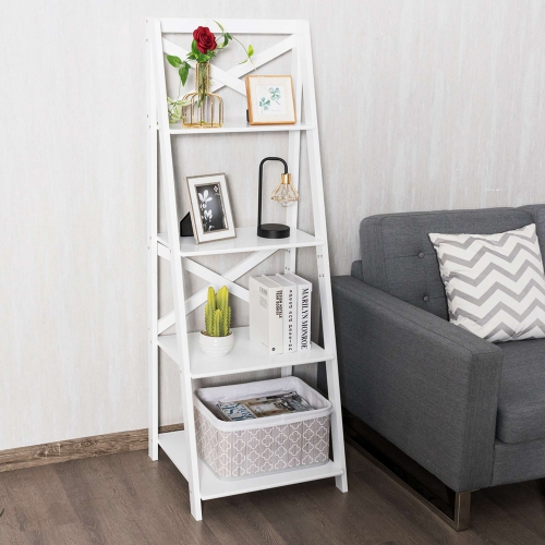 Costway 4-Tier Ladder Shelf Bookshelf Bookcase Storage Display Plant Leaning Shelf White