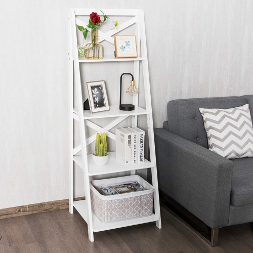 Costway Set of 2 Ladder Shelf 4-Tier Bookshelf Bookcase Storage Display Plant Leaning