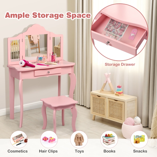 Costway Vanity Table & Stool Princess Dressing Make Up Play Set for Girls Pink