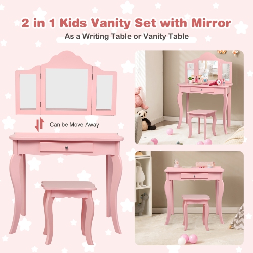 Costway Vanity Table & Stool Princess Dressing Make Up Play Set for Girls Pink