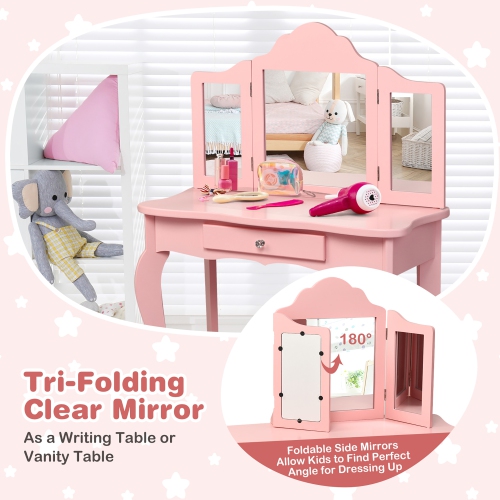 Costway Vanity Table & Stool Princess Dressing Make Up Play Set for Girls Pink