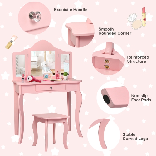 Costway Vanity Table & Stool Princess Dressing Make Up Play Set for Girls Pink
