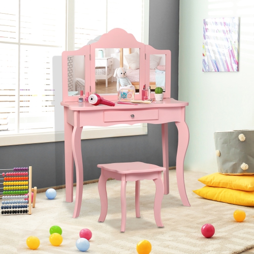Costway Vanity Table & Stool Princess Dressing Make Up Play Set for Girls Pink