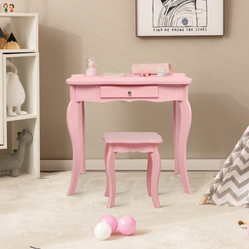 Costway Vanity Table & Stool Princess Dressing Make Up Play Set for Girls Pink