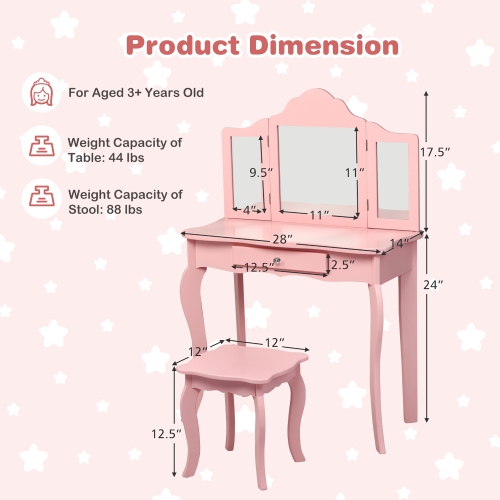Costway Vanity Table & Stool Princess Dressing Make Up Play Set for Girls Pink