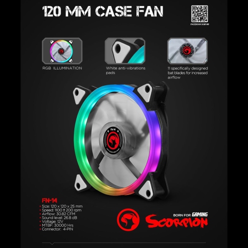 Marvo Pro - Case Cooling PC Fan, 120mm, 9 Blades & 15 RGB LEDs, Black