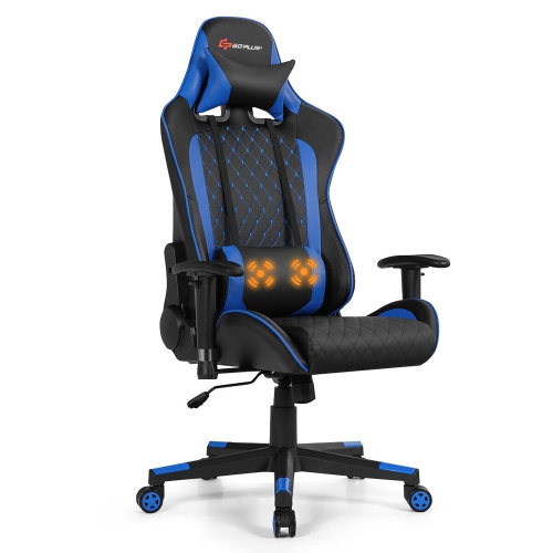 GOPlus Premium Gaming Chair w/ Massage Function, Reclining Racing Chair, Lumbar Support and Headrest - Blue