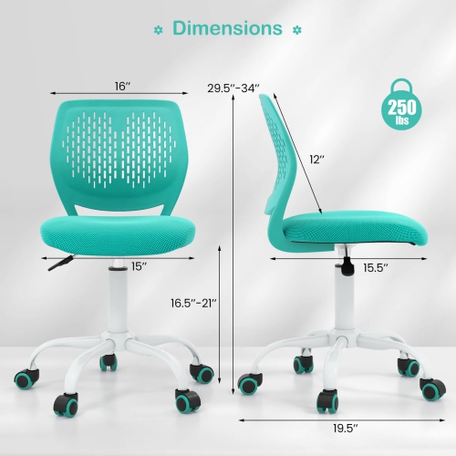 Costway Office Task Desk Armless Chair Adjustable Mid Back Swivel Study Chair