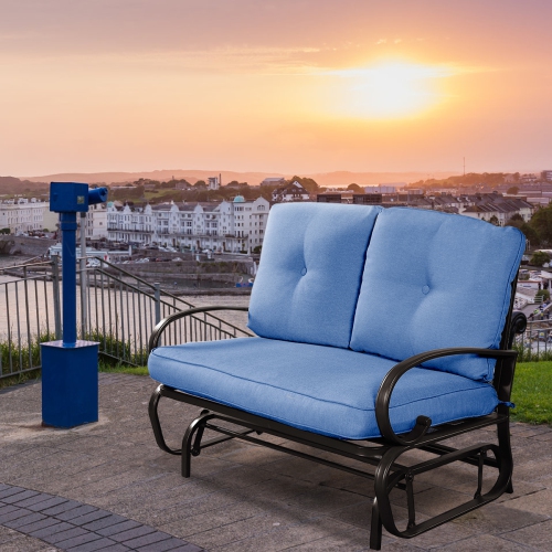 Costway Glider Outdoor Patio Rocking Bench Loveseat Cushioned Seat Steel Frame Blue