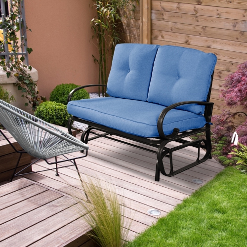 Costway Glider Outdoor Patio Rocking Bench Loveseat Cushioned Seat Steel Frame Blue