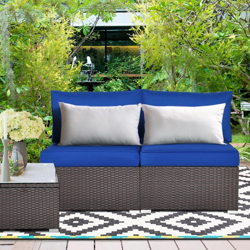 Costway 2PCS Patio Rattan Armless Sofa Sectional Furniture W/Navy Cushion