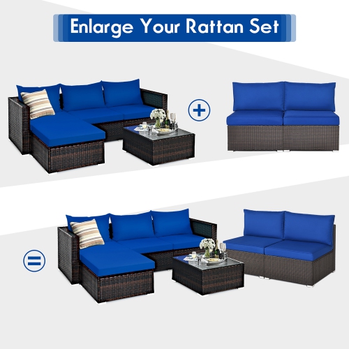 Costway 2PCS Patio Rattan Armless Sofa Sectional Furniture W/Navy Cushion