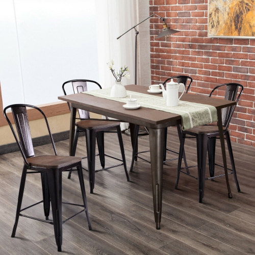 Costway Copper Set of 4 Metal Wood Counter Stool Kitchen Dining Bar Chairs Rustic