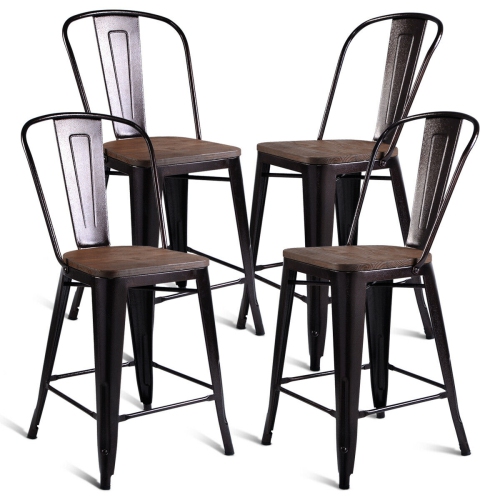 Costway Copper Set of 4 Metal Wood Counter Stool Kitchen Dining Bar Chairs Rustic