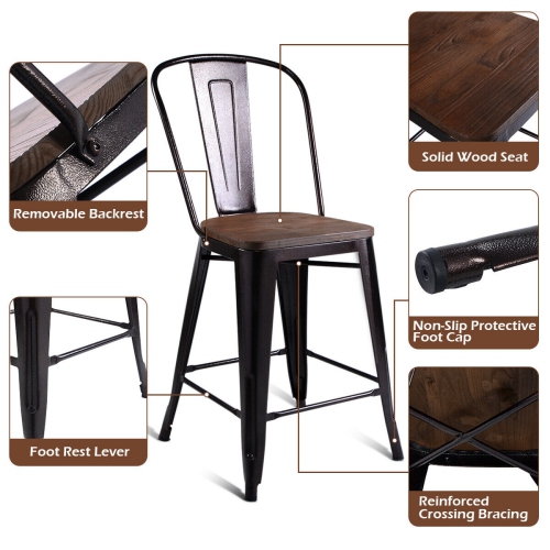 Costway Copper Set of 4 Metal Wood Counter Stool Kitchen Dining Bar Chairs Rustic