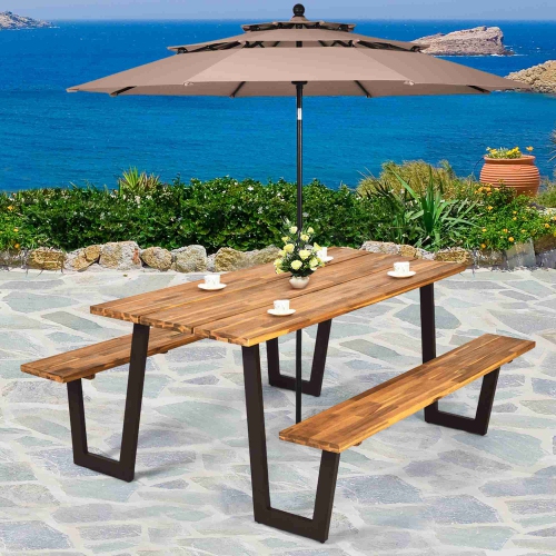 Costway Patented Picnic Table with 2 Benches 70'' Dining Table Set with Seats and Umbrella Hole
